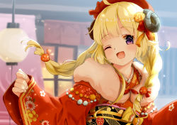 Rule 34 | 1girl, ;d, ahoge, animal ears, beret, blonde hair, blurry, blurry background, braid, commentary request, curled horns, depth of field, floral print, fur collar, hat, highres, hololive, horns, japanese clothes, kimono, long hair, long sleeves, looking at viewer, obi, ohiensis, one eye closed, open mouth, pinching sleeves, print kimono, purple eyes, red hat, red kimono, sash, sheep ears, sheep girl, sheep horns, sleeves past wrists, smile, solo, tsunomaki watame, tsunomaki watame (new year), twin braids, upper body, virtual youtuber, wide sleeves