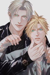 Rule 34 | 2boys, alternate costume, alternate hair length, alternate hairstyle, aqua eyes, black jacket, boooshow, cloud strife, earrings, final fantasy, final fantasy vii, final fantasy vii remake, green shirt, grey background, hair between eyes, hand on another&#039;s chin, jacket, jewelry, long sleeves, looking at viewer, male focus, multiple boys, parted bangs, sephiroth, shirt, shirt under shirt, short hair, single earring, spiked hair, upper body, watch, white shirt, wristwatch, yaoi