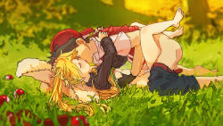 Rule 34 | 1boy, 1girl, actinoid, backwards hat, barefoot, baseball cap, black hair, blonde hair, blush, bottomless, grabbing another&#039;s breast, breasts, clothes lift, clothes pull, commentary request, creatures (company), cum, closed eyes, fingerless gloves, french kiss, game freak, gloves, grabbing, grass, hat, hetero, highres, hug, kiss, long hair, missionary, nintendo, outdoors, pants, pants pull, poke ball, pokemon, pokemon adventures, ponytail, red (pokemon), sex, small breasts, straw hat, sweater, sweater lift, yellow (pokemon)