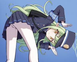 Rule 34 | 1girl, armband, bent over, blue archive, blue armband, blue background, blush, commentary request, gloves, green hair, halo, hat, hikari (blue archive), highres, hikari (blue archive), jacket, long hair, looking at viewer, pantyhose, peaked cap, poikuru, pointy ears, sidelocks, simple background, skirt, solo, train conductor, white gloves, white pantyhose, yellow eyes