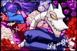 Rule 34 | 1girl, blue hair, blue skin, bouquet, character name, colored skin, detached sleeves, dress, flower, hair over one eye, highres, leviathan (skullgirls), looking at viewer, lying, on side, side ponytail, skullgirls, solo, squigly (skullgirls), striped sleeves, yos (@nnsee d)