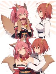 Rule 34 | 2girls, ahoge, animal ear fluff, animal ears, animal hands, bare shoulders, bell, blush, breasts, chaldea uniform, cleavage, closed eyes, collar, commentary request, fangs, fate/grand order, fate (series), floral background, fox ears, fox tail, fujimaru ritsuka (female), gloves, hair ornament, hair ribbon, hair scrunchie, jacket, japanese clothes, jingle bell, large breasts, long hair, multiple girls, muryotaro, neck bell, one side up, orange hair, orange scrunchie, paw gloves, paw shoes, pink hair, ponytail, red ribbon, ribbon, scrunchie, shoes, side ponytail, tail, tamamo (fate), tamamo cat (fate), white jacket