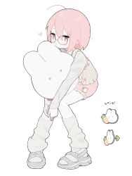 Rule 34 | 1girl, absurdres, brown vest, carrot pin, closed mouth, commentary request, frilled shorts, frills, full body, glasses, grey footwear, grey leg warmers, grey shirt, heart, highres, leg warmers, long sleeves, looking at viewer, myomuron, original, pastel colors, pink eyes, pink hair, pink shorts, rabbit-shaped pillow, rabbit pin, round eyewear, sandals, shirt, short hair, shorts, simple background, vest, white background