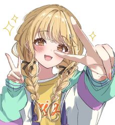 Rule 34 | 1girl, blonde hair, blush, braid, commentary, double v, fang, foreshortening, fujita kotone, gakuen idolmaster, hair ribbon, highres, idolmaster, jacket, long hair, looking at viewer, multicolored clothes, multicolored jacket, opera (rawz3335), ribbon, shirt, simple background, smile, solo, sparkle, symbol-only commentary, twin braids, upper body, v, white background, yellow eyes, yellow shirt