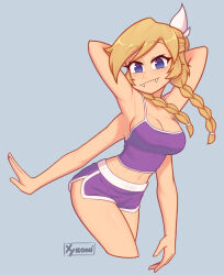 Rule 34 | 1girl, arms up, blonde hair, blue eyes, braid, breasts, cleavage, extra arms, fangs, highres, large breasts, midriff, navel, original, short shorts, shorts, sideboob, smile, solo, tank top, twin braids, xyronii