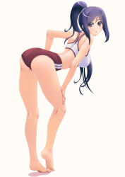 Rule 34 | 1girl, arched back, ass, back, bare legs, barefoot, blue hair, buruma, closed mouth, double vertical stripe, feet, from behind, full body, hand on own thigh, heel up, jou (circlemay), kneepits, legs, long hair, looking at viewer, looking back, love live!, love live! sunshine!!, matsuura kanan, ponytail, purple eyes, red buruma, simple background, smile, soles, solo, sports bra, standing, toes, white background, white sports bra