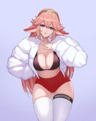 Rule 34 | 1girl, alternate costume, animal ears, artist name, bikini, bikini top only, black bikini, breasts, buruma, cleavage, closed mouth, collarbone, commentary, contemporary, english commentary, fox ears, fox girl, genshin impact, hair between eyes, jacket, large breasts, light smile, lips, long hair, looking at viewer, meziosaur, open clothes, open jacket, pink hair, pink lips, purple background, purple eyes, red buruma, simple background, smile, solo, swimsuit, thighhighs, thighs, tiara, white jacket, white thighhighs, yae miko