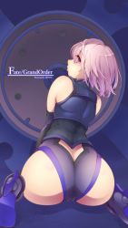 Rule 34 | 1girl, armor, artist name, ass, ass focus, back, bare shoulders, black gloves, butt crack, cameltoe, copyright name, covered anus, deto, elbow gloves, fate/grand order, fate (series), gloves, high heels, highres, huge ass, leotard, looking at viewer, looking back, mash kyrielight, purple eyes, purple hair, shield, sitting, solo, wariza