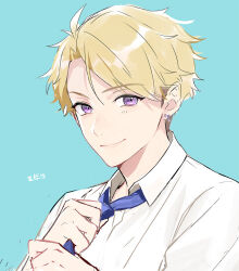Rule 34 | 1boy, adjusting clothes, adjusting necktie, aqua background, blonde hair, blue necktie, closed mouth, collared shirt, commentary, earrings, ensemble stars!, jewelry, looking at viewer, male focus, narukami arashi, necktie, purple eyes, riri (artist), school uniform, shirt, short hair, simple background, smile, solo, stud earrings, translation request, white shirt