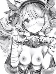 Rule 34 | 1girl, :&lt;, bad id, bad pixiv id, blush, breasts, closed mouth, detached collar, drill hair, eyepatch, fidgeting, fingers together, flower, greyscale, hair flower, hair ornament, hairband, hairclip, highres, hololive, long hair, looking at viewer, medical eyepatch, medium breasts, monochrome, nanashi (nlo), nipples, one eye covered, solo, twin drills, unnamed hololive vtuber 2, upper body, virtual youtuber, x hair ornament