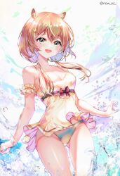 Rule 34 | 1girl, absurdres, animal ears, arm garter, ayunda risu, bare shoulders, bikini, bikini bottom only, blush, breasts, brown hair, camisole, cleavage, cowboy shot, artistic error, gluteal fold, green eyes, highres, hololive, hololive indonesia, looking ahead, looking at viewer, low twintails, medium breasts, medium hair, no tail, open mouth, smile, solo, sowon, squirrel ears, straight-on, swimsuit, thighs, twintails, twitter username, underwater, virtual youtuber, water, white camisole