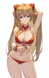 Rule 34 | 1girl, absurdres, arm up, armpits, bare shoulders, bikini, blue eyes, bracelet, breasts, brown hair, cleavage, closed mouth, collar, collarbone, contrapposto, cowboy shot, gluteal fold, hair ornament, hand in own hair, highres, jewelry, lance (lancelliu), large breasts, long hair, looking at viewer, navel, neon genesis evangelion, red bikini, simple background, skindentation, solo, souryuu asuka langley, stomach, swimsuit, two side up, very long hair, white background