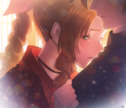 Rule 34 | 1boy, 1girl, aerith gainsborough, black choker, blonde hair, blue shirt, blurry, blurry background, braid, braided ponytail, brown hair, choker, clenched hand, cloud strife, final fantasy, final fantasy vii, final fantasy vii rebirth, final fantasy vii remake, green eyes, hair ribbon, half-closed eyes, hand on another&#039;s chest, hetero, highres, jacket, light blush, long hair, parted bangs, parted lips, pink ribbon, red jacket, ribbon, shirt, short hair, sidelocks, signature, single braid, sunlight, suspenders, tsu-an, turtleneck, upper body