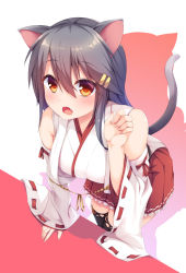 Rule 34 | 10s, 1girl, :o, animal ears, bare shoulders, black hair, boots, breasts, cat ears, cat tail, detached sleeves, fang, fingernails, hair ornament, hairclip, haruna (kancolle), highres, japanese clothes, kantai collection, kemonomimi mode, large breasts, long hair, nontraditional miko, orange eyes, paw pose, pleated skirt, red skirt, ribbon-trimmed sleeves, ribbon trim, silhouette, skirt, solo, tail, thigh boots, thighhighs, yuumaru (you-mya), zettai ryouiki