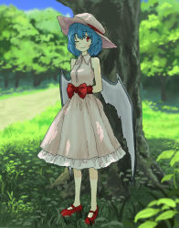 Rule 34 | 1girl, alternate costume, arms behind back, bad id, bad pixiv id, bare shoulders, bat wings, blue hair, blurry, bow, day, depth of field, dress, full body, grass, hat, highres, mary janes, no socks, one eye closed, outdoors, red eyes, remilia scarlet, shade, shiratama (hockey), shoes, short hair, smile, solo, standing, sundress, touhou, tree, under tree, wings, wink