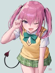 Rule 34 | 1girl, ;d, bow, bowtie, cowboy shot, demon tail, fang, green bow, green bowtie, green skirt, hair between eyes, hand up, highres, leaning forward, looking at viewer, medium hair, miniskirt, nana asta deviluke, oekakizuki, one eye closed, open mouth, pink hair, plaid, plaid skirt, pleated skirt, purple eyes, school uniform, shirt, signature, simple background, skirt, smile, solo, tail, to love-ru, to love-ru darkness, twintails, vest, white shirt, yellow vest