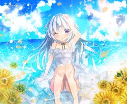 Rule 34 | 1girl, ;o, arm support, arm up, bare shoulders, black ribbon, blue sky, blush, cloud, cloudy sky, collarbone, commentary request, day, dress, feet out of frame, flower, hair between eyes, horizon, kohaku muro, looking at viewer, neck ribbon, ocean, one eye closed, original, outdoors, panties, parted lips, petals, pigeon-toed, purple eyes, ribbon, silver hair, sitting, sky, sleeveless, sleeveless dress, solo, summer, two side up, underwear, water, water drop, white dress, white panties, yellow flower