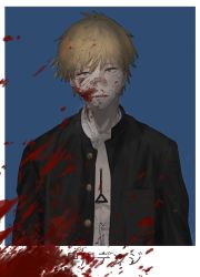 Rule 34 | 1boy, bandaid, black coat, blonde hair, blood, blood on face, blue background, brown eyes, buttons, chainsaw man, coat, denji (chainsaw man), highres, long sleeves, looking at viewer, sharp teeth, short hair, simple background, solo, tasuketemama, teeth, translation request