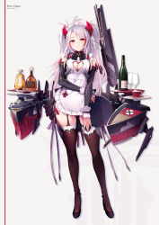 Rule 34 | 1girl, adapted costume, alcohol, alternate costume, antenna hair, apron, azumi akitake, azur lane, bare shoulders, black thighhighs, breasts, bridal garter, center opening, character name, cleavage cutout, clothing cutout, commentary request, copyright name, cross, detached sleeves, dress, enmaided, frills, full body, garter straps, hair between eyes, hand on own thigh, heart cutout, high heels, highres, iron cross, large breasts, long hair, looking at viewer, machinery, maid, maid apron, maid headdress, mole, mole on breast, multicolored hair, parted lips, prinz eugen (azur lane), red eyes, revision, short dress, sideboob, silver hair, skindentation, solo, standing, streaked hair, swept bangs, thigh strap, thighhighs, thighs, tray, two side up, very long hair, wrist cuffs