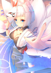 Rule 34 | 1girl, animal ears, azur lane, black wristband, blue eyes, blurry, blush, breasts, cleavage, depth of field, evening, foreshortening, fox ears, fox mask, fox tail, highres, holding, holding mask, japanese clothes, kaga (azur lane), kitsune, kyuubi, large breasts, light smile, looking at viewer, mask, miniskirt, multiple tails, ocean, outdoors, palm, pleated skirt, short hair, skirt, sky, smile, solo, standing, tail, tatapopo, white hair, wide sleeves, wristband