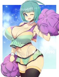 Rule 34 | 1girl, ahoge, alc.2873890, bad id, bad twitter id, black thighhighs, blue eyes, breasts, character name, cheerleader, choker, cleavage, collarbone, colored skin, green hair, highres, large breasts, looking at viewer, navel, one eye closed, open mouth, original, pom pom (cheerleading), short hair, slugbox, solo, sweat, thighhighs, white choker, yellow skin