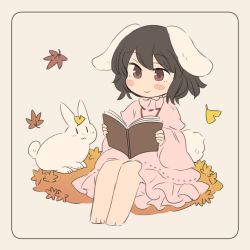 Rule 34 | 1girl, animal ears, autumn leaves, black hair, blush stickers, book, border, rabbit, commentary request, dress, falling leaves, frills, ginkgo leaf, holding, holding book, inaba mob (touhou), inaba tewi, leaf, leaf on head, long sleeves, pink dress, rabbit ears, rabbit tail, reading, short hair, sitting, smile, tail, touhou, tsukiori, wide sleeves