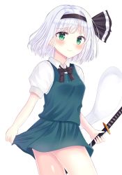 Rule 34 | 1girl, bad id, bad pixiv id, black bow, black bowtie, bow, bowtie, breasts, clothes lift, commentary, cowboy shot, green eyes, green skirt, green vest, grimace, hair ribbon, highres, holding, holding sword, holding weapon, katana, konpaku youmu, lifted by self, looking at viewer, miniskirt, nibosi, puffy short sleeves, puffy sleeves, ribbon, scabbard, sheath, sheathed, shirt, short hair, short sleeves, silver hair, simple background, skirt, skirt lift, skirt set, small breasts, solo, sword, tareme, touhou, vest, weapon, white background, white shirt