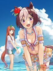 Rule 34 | 2girls, animal ears, armband, ball, beachball, bead necklace, beads, bikini, bikini under clothes, blue eyes, blue sky, blush, bow, braid, breast press, breasts, brown hair, checkered bikini, checkered clothes, cleavage, cloud, collarbone, commentary request, flat chest, floral print, flower, frilled bikini, frills, green bikini, hair flower, hair ornament, hairband, hands on own thighs, highres, holding, holding ball, horse ears, horse girl, horse tail, jewelry, long hair, looking at viewer, medium breasts, multicolored hair, multiple girls, navel, necklace, negahami, ocean, on water, open mouth, orange bikini, orange hair, outdoors, print swimsuit, purple eyes, shirt, short hair, silence suzuka (umamusume), sky, smile, special week (hopping vitamin heart) (umamusume), special week (umamusume), standing, stomach, swimsuit, swimsuit skirt, swimsuit under clothes, t-shirt, tail, teeth, thigh strap, thighs, two-tone hair, umamusume, upper teeth only, white hair, white shirt