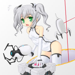 Rule 34 | 1girl, aperture science handheld portal device, bad id, bad pixiv id, breasts, child, covered erect nipples, cube, elbow gloves, glados, glados-tan, gloves, green eyes, gun, heart, noveske n4, portal (series), portal 1, small breasts, sweatdrop, thighhighs, sentry turret (portal), twintails, valve, weapon, aperture science weighted companion cube, white hair, white thighhighs