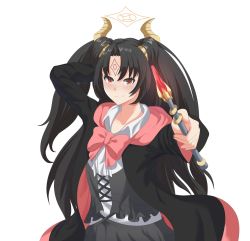 Rule 34 | 1girl, black hair, commission, dress, highres, horns, idol corp, lily sin, long hair, looking at viewer, ribbon, simple background, skirt, smile, staff, virtual youtuber, wand, white background, witch