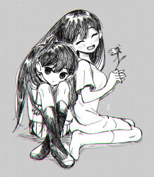 Rule 34 | 1boy, 1girl, ^ ^, brother and sister, chromatic aberration, closed eyes, crossed ankles, dress, expressionless, facing viewer, flower, full body, grey background, greyscale, holding, holding flower, kneehighs, knees up, long hair, looking at viewer, mari (faraway) (omori), mari (omori), monochrome, no shoes, omori, omori (omori), short hair, short sleeves, siblings, simple background, sitting, socks, toastytoast, wariza