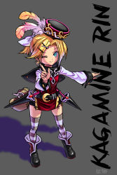 Rule 34 | &gt;:), 1girl, ;), alternate costume, aqua eyes, bad id, bad pixiv id, blonde hair, boots, bow, capelet, character name, dagger, feathers, hair bow, hair ornament, hairclip, hat, highres, kagamine rin, knife, looking at viewer, miniskirt, one eye closed, ponytail, read xxx, shako cap, short hair, skirt, smile, solo, striped clothes, striped thighhighs, thighhighs, v-shaped eyebrows, vocaloid, weapon, wink, zettai ryouiki
