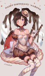 Rule 34 | 1girl, :q, ;q, antenna hair, apron, artist name, bare shoulders, black eyes, black hair, bow, bowtie, character name, chocolate, commentary request, cream, cup, cursive, detached sleeves, earrings, food, food on face, fruit, gloves, happy birthday, hat, heart, heart earrings, highres, idolmaster, idolmaster (classic), jewelry, kikuchi makoto, limbo (artist), looking at viewer, mini hat, mini top hat, one eye closed, oversized object, puffy detached sleeves, puffy sleeves, short hair, signature, sitting, smile, solo, spoon, star (symbol), starry background, strawberry, striped clothes, striped thighhighs, teacup, teatime happiness, thighhighs, tongue, tongue out, top hat, white gloves
