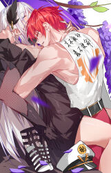 1boy 1girl absurdres belt black_dress black_gloves blurry blurry_foreground captain_(honkai_impact) cecilia_schariac closed_eyes dress evzeva gloves hair_ornament hetero highres honkai_(series) honkai_impact_3rd hug mature_female open_mouth pants petals red_pants shirt simple_background sleeveless sleeveless_shirt white_background white_shirt