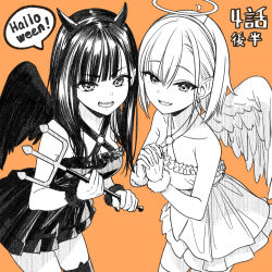 Rule 34 | 2girls, :d, ahoge, angel, angel and devil, angel wings, armpit crease, bare arms, bare shoulders, black hair, blunt bangs, bob cut, collarbone, cowboy shot, criss-cross halter, demon girl, demon horns, dress, earrings, english text, fake halo, fake horns, feathered wings, fingernails, frilled dress, frills, from side, greyscale with colored background, hair behind ear, hair between eyes, hairband, halloween, halloween costume, halo, halter dress, halterneck, hands up, hatching (texture), highres, holding trident, horn band legwear, horns, idol x idol story!, jewelry, layered dress, leaning forward, linear hatching, long hair, looking at viewer, looking to the side, multiple girls, nagisa mimi, nail polish, nanakusa ibuki, narrowed eyes, o-ring dress, official art, open mouth, orange background, own hands clasped, own hands together, parted lips, polearm, sharp fingernails, sharp teeth, short dress, short hair, side-by-side, simple background, sleeveless, sleeveless dress, smile, speech bubble, straight hair, stud earrings, swept bangs, teeth, thick eyelashes, thighhighs, tokunou shoutarou, trident, upper teeth only, v-shaped eyebrows, weapon, wings, wrist cuffs, zettai ryouiki