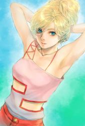 Rule 34 | 1girl, armpits, arms behind head, blonde hair, blue eyes, clothing cutout, collarbone, elle vianno, gundam, gundam zz, highres, looking to the side, nose, pants, red pants, shirt tucked in, smile, solo, takeda yuuko, upper body