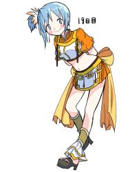 Rule 34 | 1girl, arms behind back, bare legs, belt, bent over, black footwear, blue eyes, blue hair, blush, bow, breasts, closed mouth, cosplay, crop top, dot nose, earrings, feather hair ornament, feathers, frills, frl1015, full body, hair ornament, happy, head tilt, high collar, highres, jewelry, leaning, leaning forward, looking at viewer, magia record: mahou shoujo madoka magica gaiden, mahou shoujo madoka magica, midriff, miki sayaka, navel, one side up, orange bow, orange skirt, platform footwear, sandals, short hair, sidelocks, simple background, skirt, small breasts, smile, solo, soul gem, standing, standing on one leg, waist bow, white background, wide sleeves, yui tsuruno, yui tsuruno (cosplay)