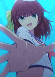 Rule 34 | 1girl, :d, absurdres, angel beats!, blunt bangs, bow, brown hair, green bow, green eyes, hair bow, hat, highres, lelie (lelie link), long hair, long sleeves, looking at viewer, midriff, neckerchief, open mouth, outstretched hand, red neckerchief, school uniform, shinda sekai sensen uniform, shirt, smile, solo, stomach, upper body, white hat, white shirt, yuri (angel beats!)