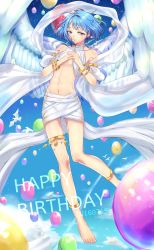 Rule 34 | 10s, 1boy, 2016, absurdres, angel wings, anklet, armlet, bad id, bad twitter id, balloon, barefoot, bird, blue hair, bracelet, cloud, dated, earrings, ensemble stars!, feathered wings, full body, happy birthday, highres, jewelry, male focus, parted lips, purple eyes, shino hajime, short hair, sky, smile, solo, sparkle, thighlet, wings