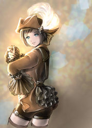 Rule 34 | 1girl, absurdres, adventurer (ff11), black shorts, blue eyes, brown hair, brown hat, brown thighhighs, corsair (final fantasy), cowboy shot, feathers, final fantasy, final fantasy xi, hand on own hip, hat, hat feather, highres, hume, long sleeves, looking at viewer, piyoco, short hair, shorts, smile, solo, thighhighs, white feathers, zettai ryouiki