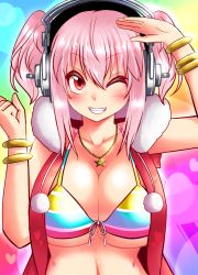 Rule 34 | 1girl, bikini, blush, bracelet, breasts, cleavage, front-tie top, grin, headphones, jewelry, large breasts, looking at viewer, navel, necklace, nitroplus, one eye closed, orange eyes, pendant, pink hair, roki (hirokix), salute, shiny skin, smile, solo, source request, super sonico, swimsuit, twintails, underboob