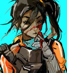 Rule 34 | 1girl, animification, anmiboer, apex legends, blood, blood on face, blood on hands, blue eyes, blue shirt, brown hair, chest harness, chinese commentary, dark-skinned female, dark skin, floating hair, gloves, grey gloves, harness, highres, jacket, looking to the side, orange jacket, portrait, rampart (apex legends), shirt, solo, v-shaped eyebrows, wide ponytail