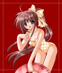 Rule 34 | 1girl, bent over, blue eyes, blush, breasts, brown hair, cleavage, collarbone, floral print, hair ribbon, hand on own chest, holding, innertube, long hair, looking at viewer, medium breasts, nishimata aoi, one-piece swimsuit, open mouth, ponytail, print swimsuit, red background, ribbon, smile, standing, swim ring, swimsuit, yellow one-piece swimsuit