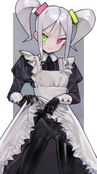 Rule 34 | 1girl, absurdres, apron, black gloves, border, closed mouth, clothes lift, dress, dress lift, fang, frilled apron, frills, gloves, green eyes, grey background, grey hair, heterochromia, highres, latex, latex gloves, long sleeves, looking at viewer, maid, maid apron, original, outside border, pantyhose, pink eyes, puffy sleeves, saaal653, simple background, skin fang, solo, standing, twintails, white border