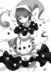 Rule 34 | 1girl, arms behind back, blue eyes, book, breasts, doremy sweet, dress, greyscale, hat, highres, large breasts, looking at viewer, monochrome, nightcap, pom pom (clothes), raptor7, smile, solo, spot color, tail, tapir tail, touhou