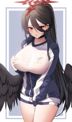 1girl absurdres between_legs black_choker black_hair black_wings blue_archive blush breasts buruma choker cowboy_shot feathered_wings gym_uniform hair_between_eyes hand_between_legs hand_on_own_chest hasumi_(blue_archive) hasumi_(track)_(blue_archive) highres jacket large_breasts long_hair long_sleeves looking_at_viewer low_wings parted_lips partially_unzipped red_eyes shirt solo sweat thighs track_jacket white_shirt wings yuchae