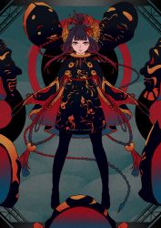 Rule 34 | 1girl, absurdres, black dress, black hair, bodystocking, cape, crescent, crescent hair ornament, dress, earrings, flower, gradient hair, hair flower, hair ornament, highres, hoop earrings, ichi asakura, jewelry, looking at viewer, mask, menreiki, multicolored hair, noh mask, onmyoji, outstretched arms, parted lips, rope, shimenawa, solo, spread arms, straight-on, tassel, topknot, updo