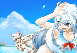 Rule 34 | &gt;:d, 2girls, :d, ;d, adapted costume, arm up, armpits, ass, beach, bent over, bikini, blue hair, blush, body blush, bow, breasts, casual one-piece swimsuit, cleavage, cloud, curvy, day, fang, female focus, fingernails, fujiwara no mokou, gradient hair, hair bow, happy, hip focus, kamishirasawa keine, long hair, looking back, medium breasts, multicolored hair, multiple girls, no headwear, one-piece swimsuit, one eye closed, open mouth, outdoors, phenne, red eyes, sky, smile, splashing, swimsuit, thighs, touhou, v-shaped eyebrows, very long hair, water, white hair, wink