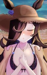 Rule 34 | 1girl, absurdres, alternate costume, animal ears, beach, black hair, blush, breasts, closed eyes, collarbone, hair ornament, hair over one eye, hat, highres, horse girl, incoming kiss, jewelry, nagonago10, necklace, ocean, open mouth, portrait, pov, pov hands, rice shower (umamusume), ring, small breasts, solo focus, straw hat, umamusume