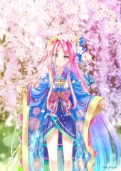 Rule 34 | 1girl, blue ribbon, cherry blossoms, flower, hair flower, hair ornament, hair ribbon, head tilt, highres, japanese clothes, jurakudai (oshiro project), long hair, oshiro project:re, outdoors, parted lips, pink eyes, pink hair, ribbon, sato-pon, solo, standing, tree, very long hair, yellow flower